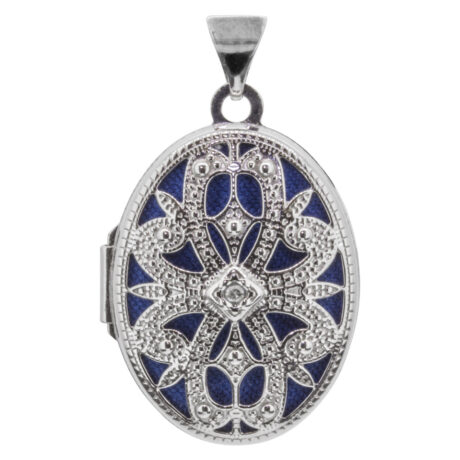 Sterling Silver Locket Filigree Oval Set With Diamond