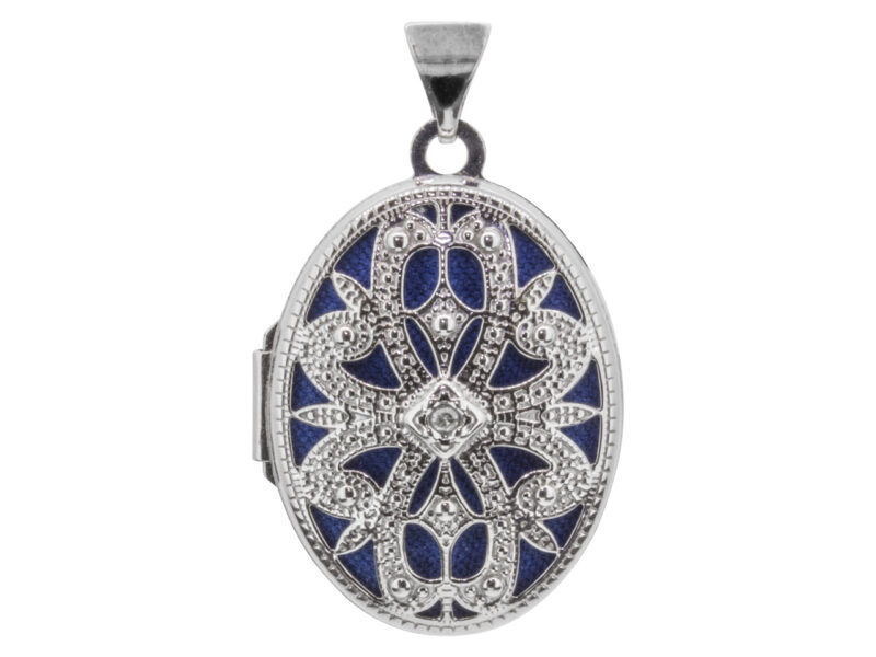 Sterling Silver Locket Filigree Oval Set With Diamond