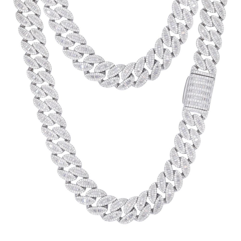 Sterling Silver Baguette CZ Cuban Chain 14mm