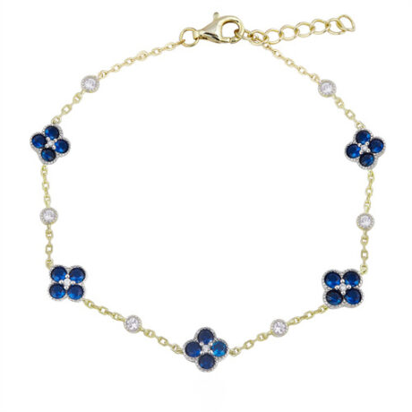 Sterling Silver 14ct Gold Plated CZ Clover Bracelet Blue