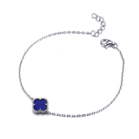 Sterling Silver Rhodium Plated Single Blue Agate Clover Bracelet