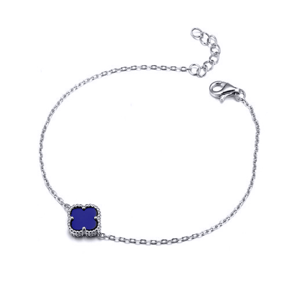 Sterling Silver Rhodium Plated Single Blue Agate Clover Bracelet