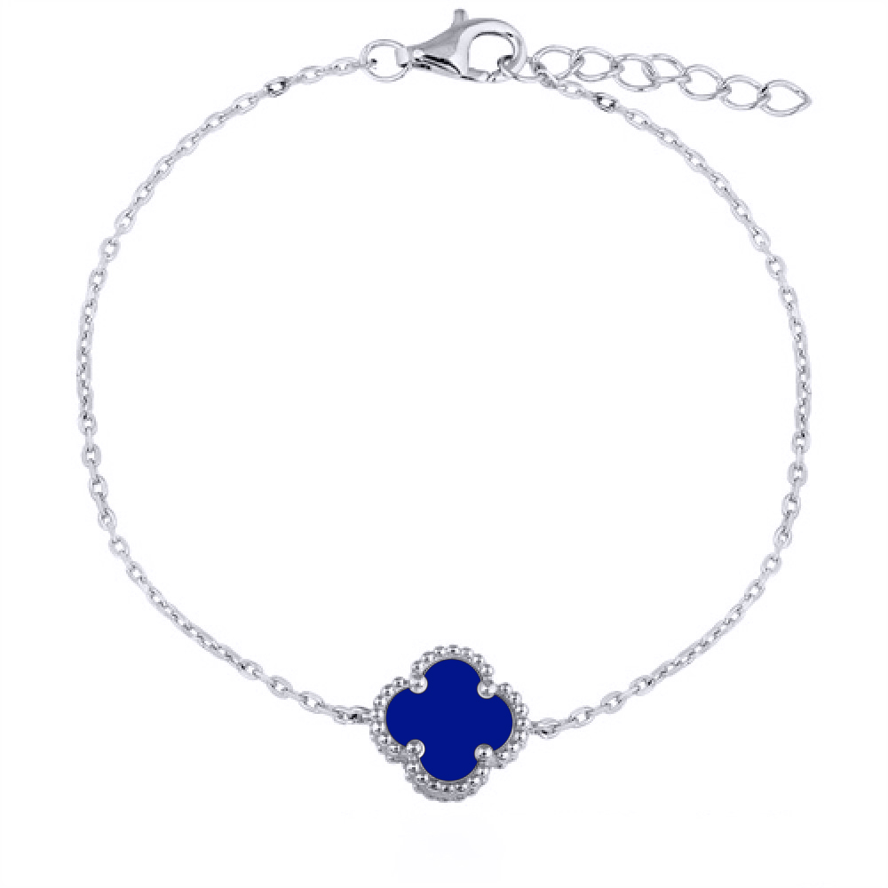 Sterling Silver Rhodium Plated Single Blue Agate Clover Bracelet - Image 2