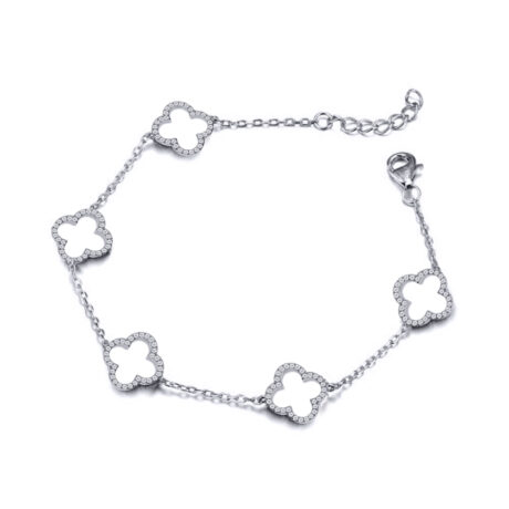 Sterling Silver Rhodium-Plated CZ Clover Bracelet