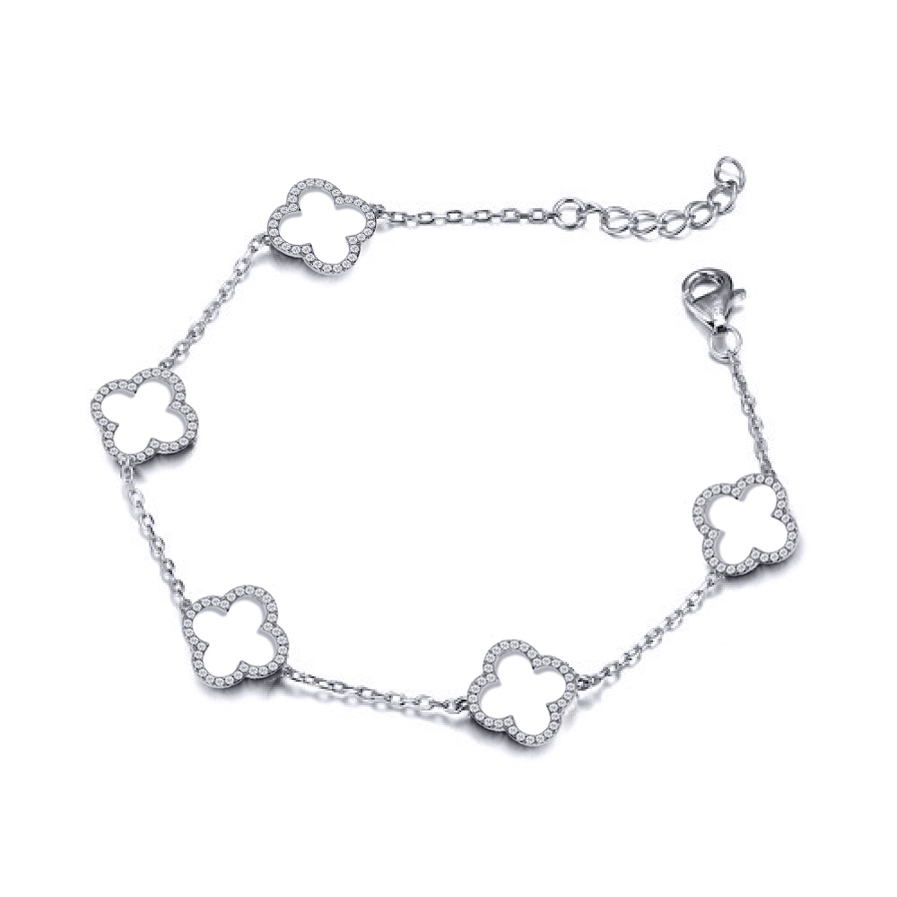 Sterling Silver Rhodium-Plated CZ Clover Bracelet