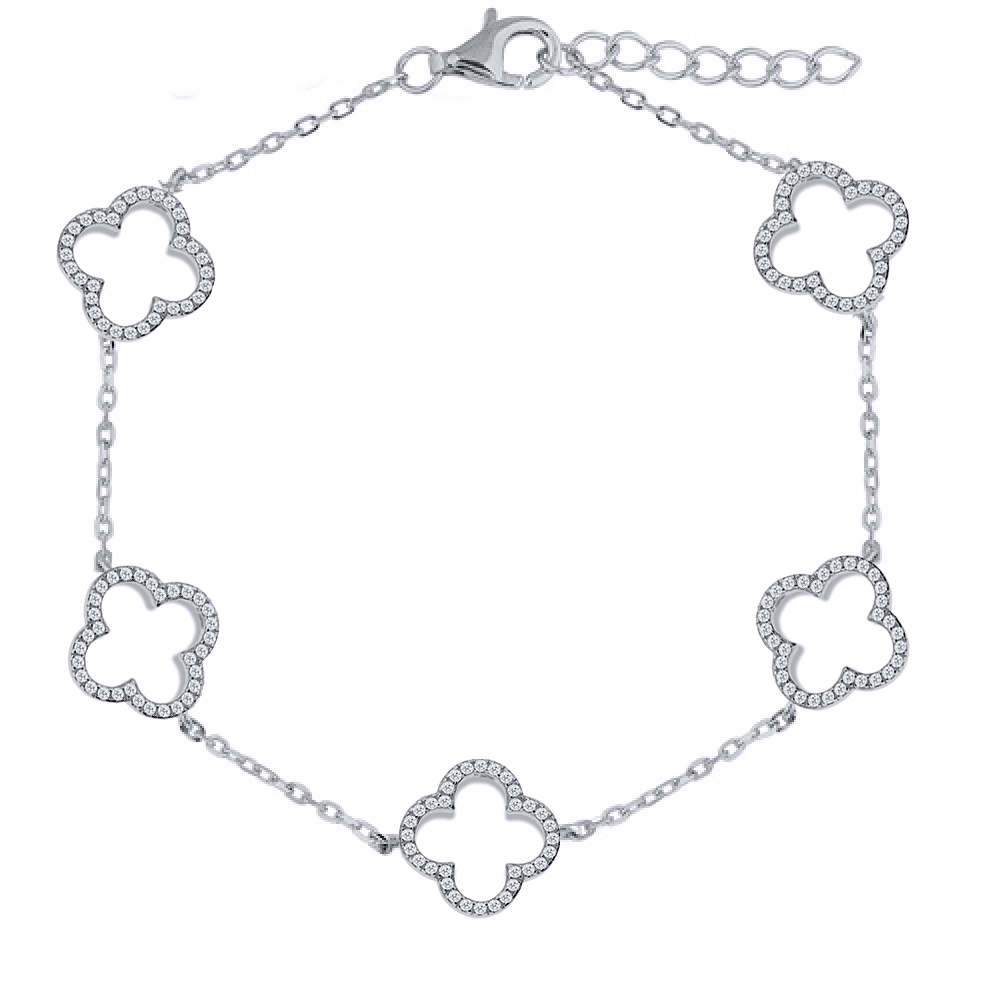 Sterling Silver Rhodium-Plated CZ Clover Bracelet - Image 2