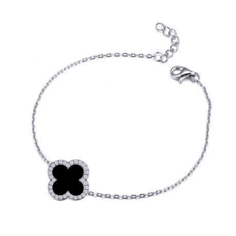 Sterling Silver CZ Single Clover Bracelet Black Onyx Colour