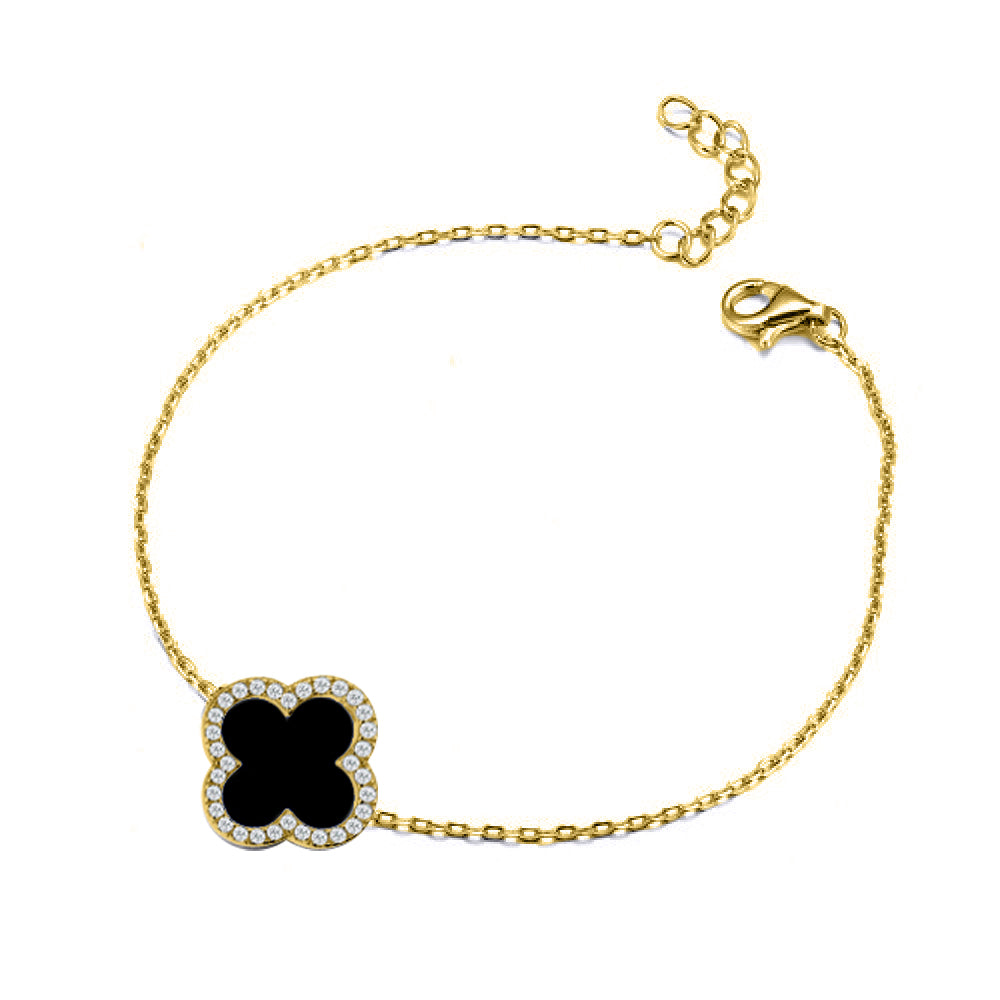 Sterling Silver CZ Single Clover Bracelet Black Onyx Colour - Image 2