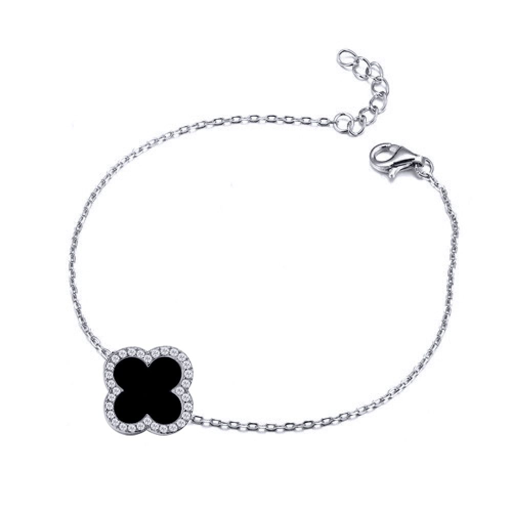 Sterling Silver CZ Single Clover Bracelet Black Onyx Colour