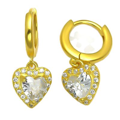 gold plated cubic zirconia heart drop hoop earrings