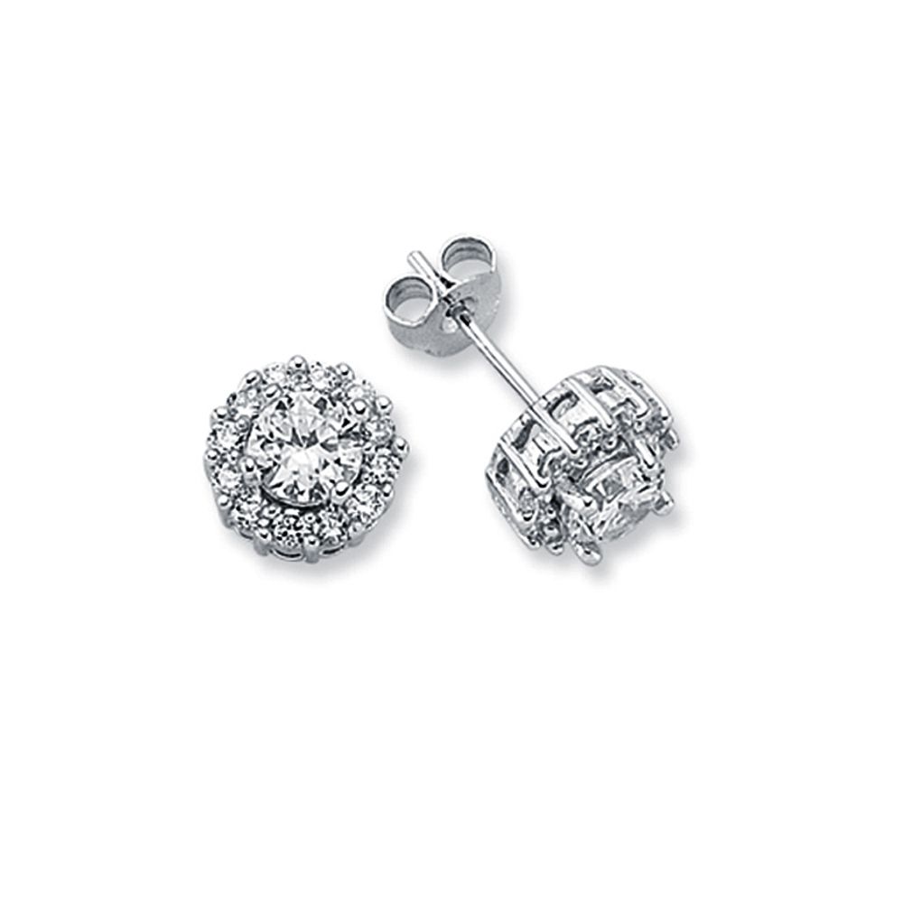 Sterling Silver CZ Round Cluster Stud Earrings – 9mm