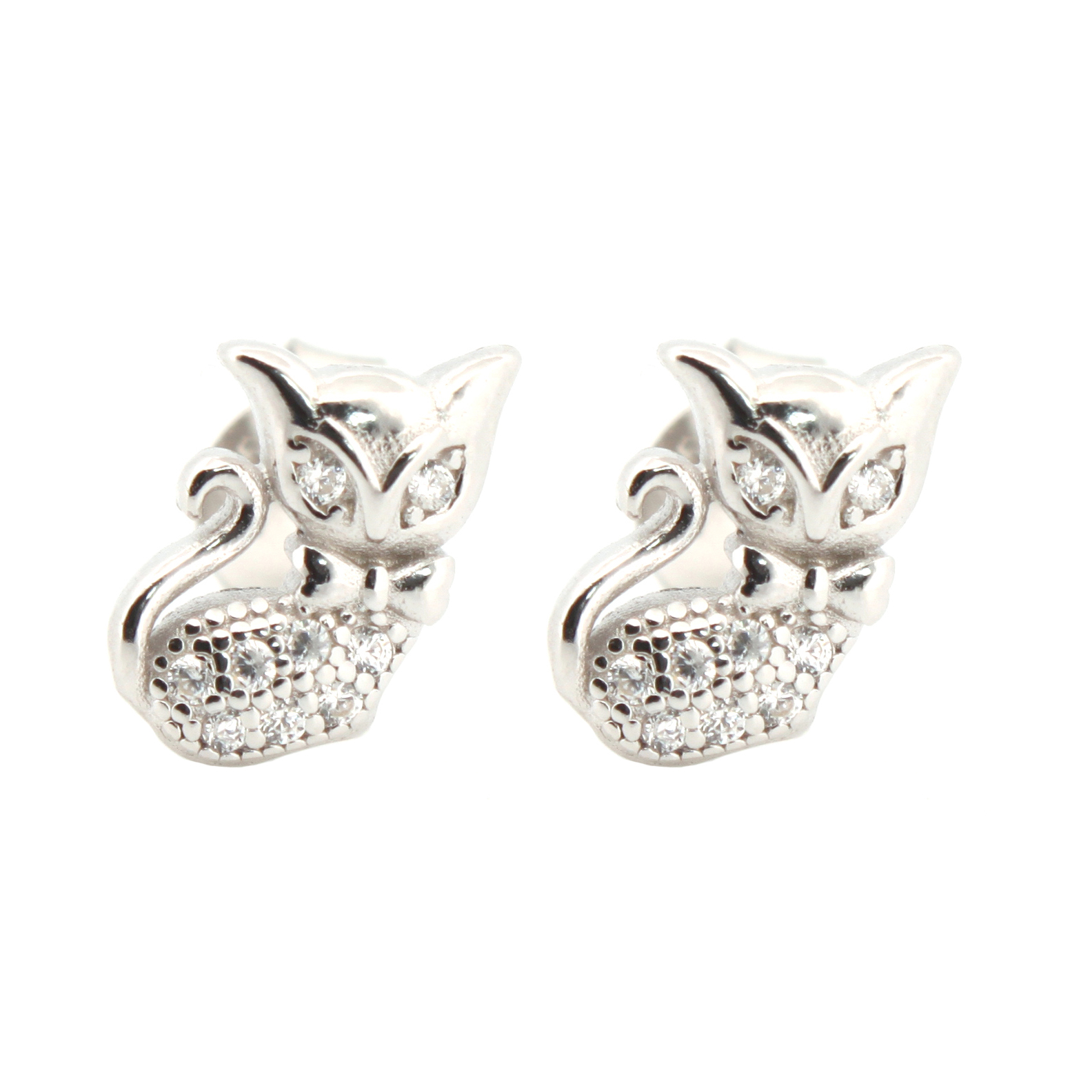 sterling silver cubic zirconia cat bow-tie stud earrings