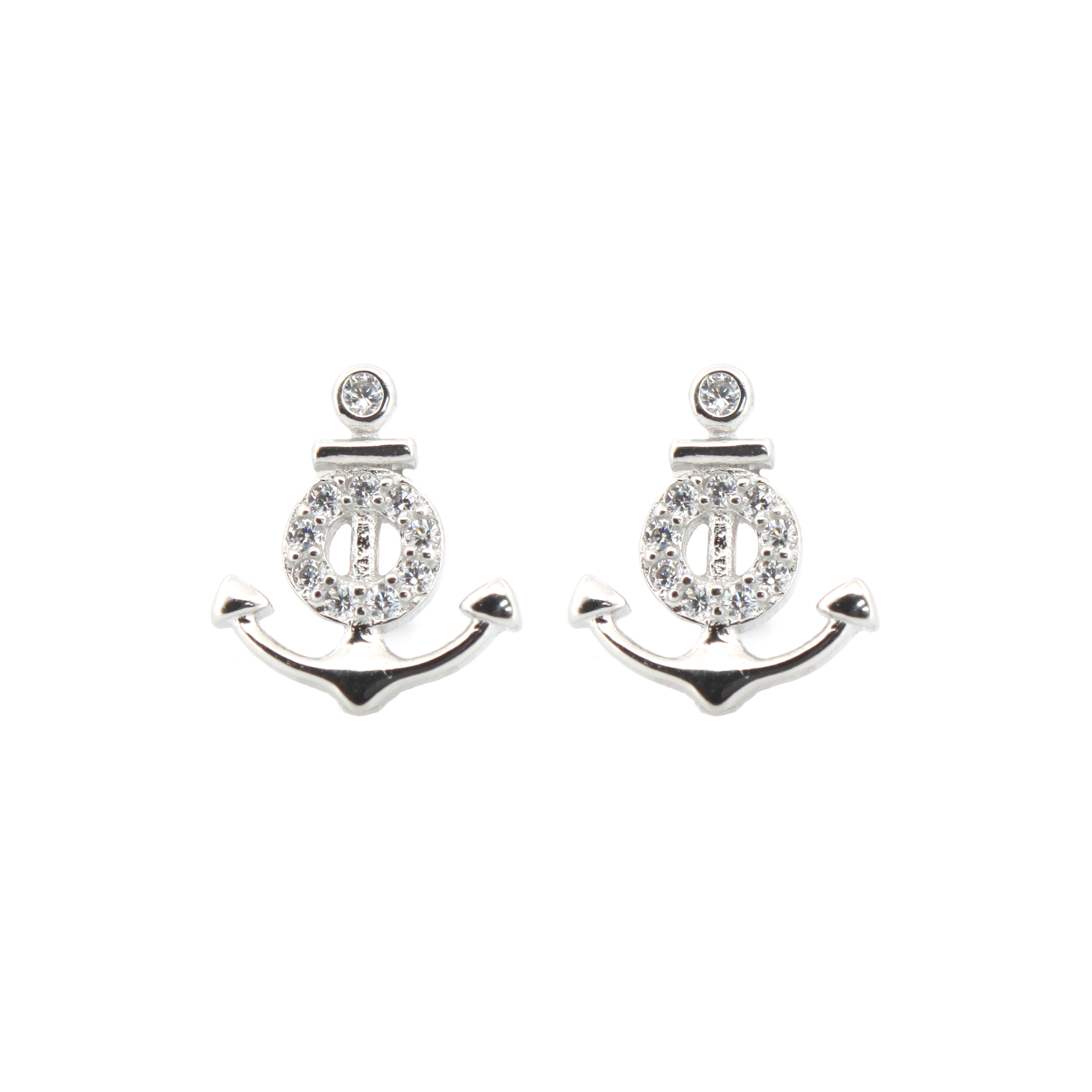 sterling silver cubic zirconia anchor & life buoy stud earrings
