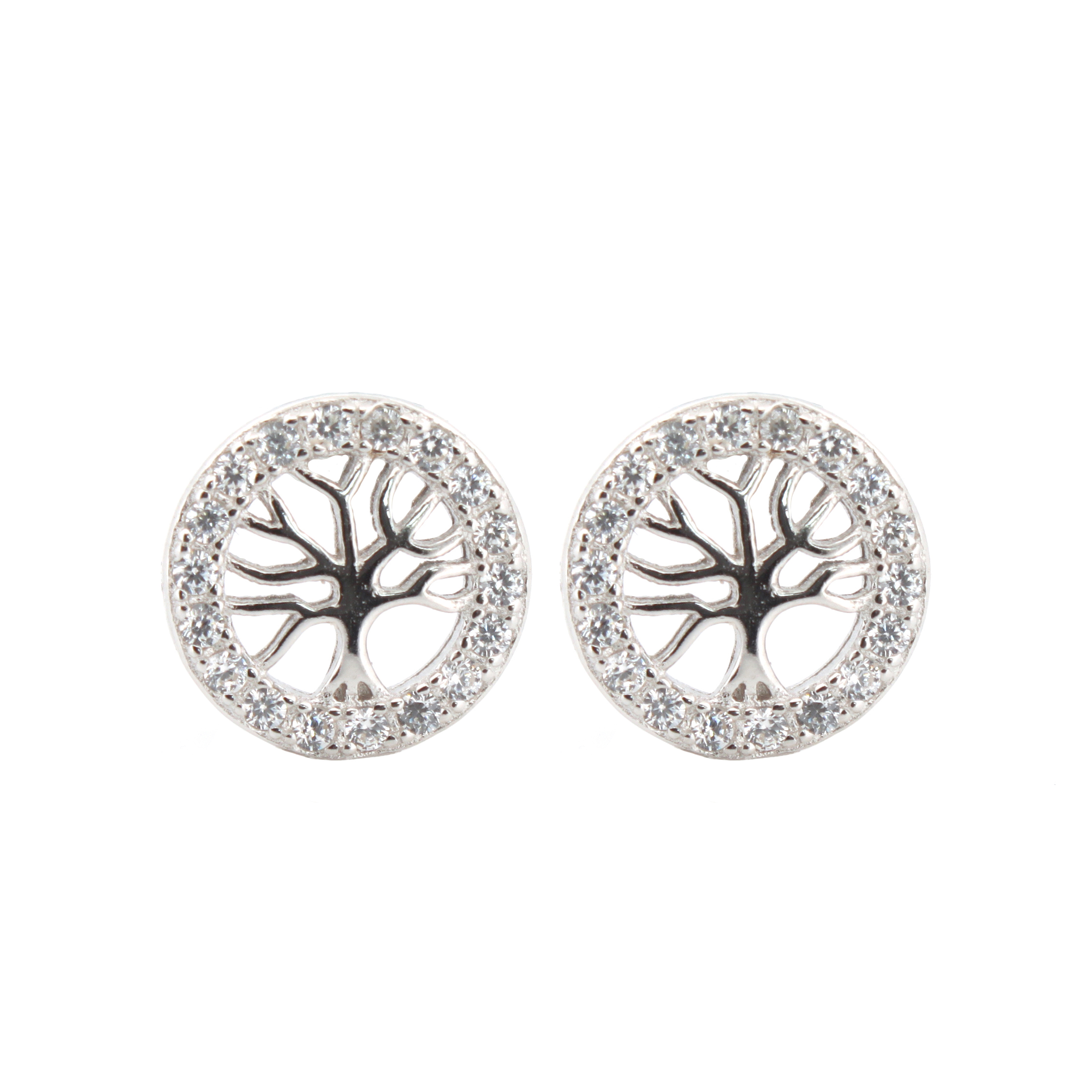 Sterling Silver CZ Tree of Life Stud Earrings