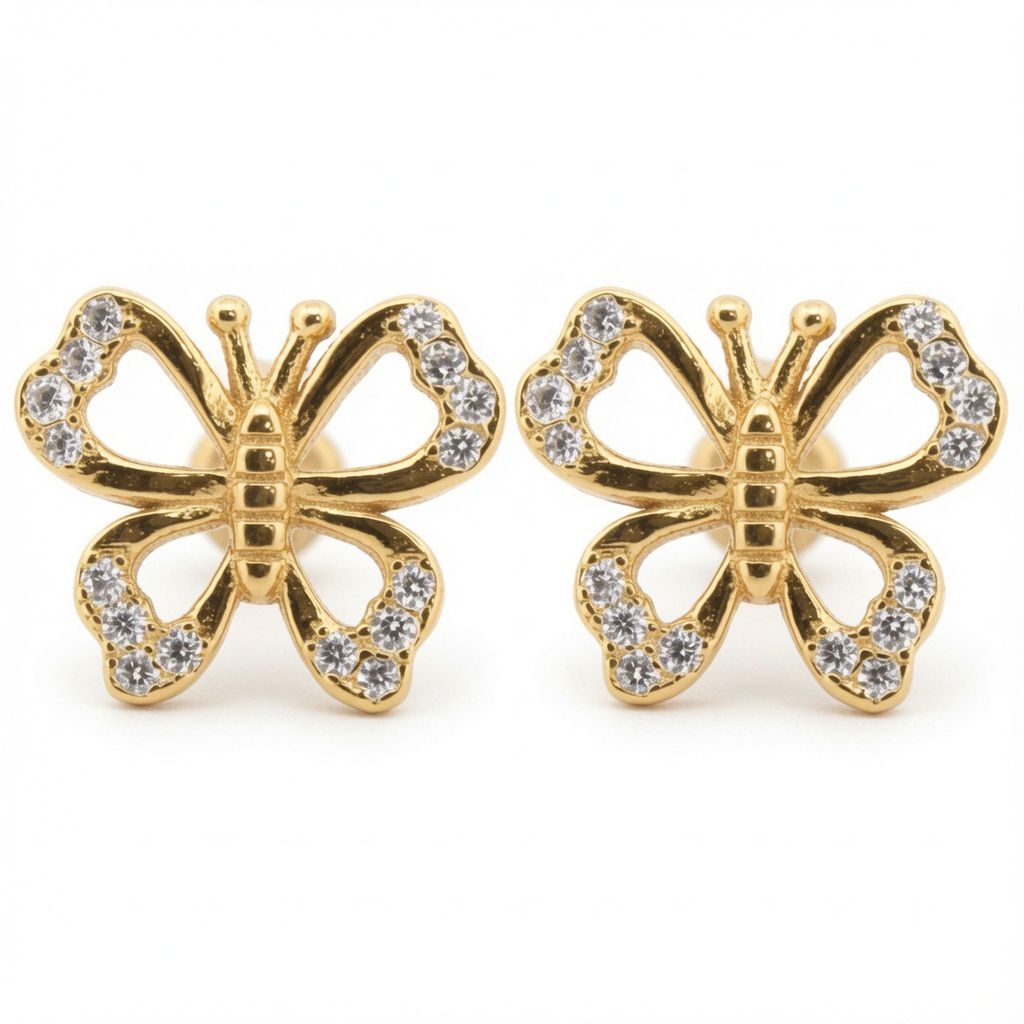 Sterling Silver Gold-Plated CZ Butterfly Stud Earrings