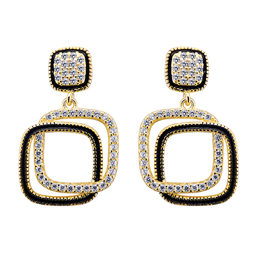 Sterling Silver Gold-Plated CZ Interlocking Squares Drop Earrings