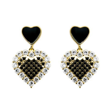 Sterling Silver Gold-Plated Black CZ Heart Drop Earrings