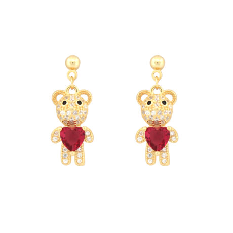14ct gold-plated sterling silver red heart cubic zirconia teddy bear earrings