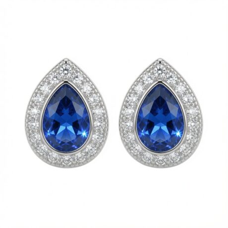 Sterling Silver Rhodium Pear Shape Stud Earrings Sapphire Centre CZ