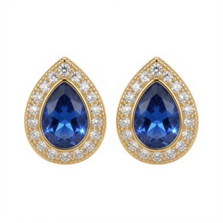 gold plated pear shape studs sapphire centre cubic zirconia