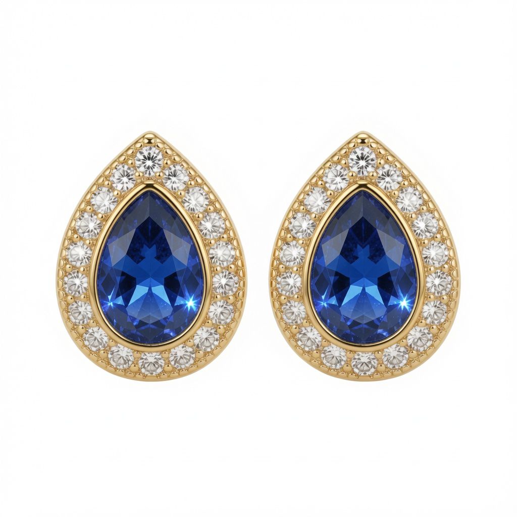 gold plated pear shape studs sapphire centre cubic zirconia