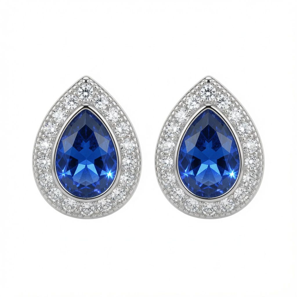 Sterling Silver Rhodium Pear Shape Stud Earrings Sapphire Centre CZ