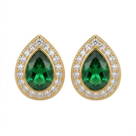 gold plated pear shape studs emerald centre cubic zirconia
