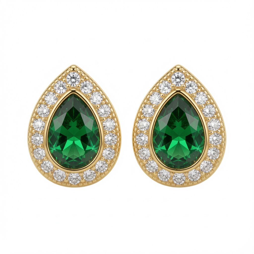gold plated pear shape studs emerald centre cubic zirconia