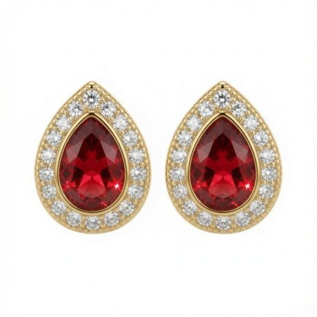 gold plated pear shape studs ruby centre cubic zirconia