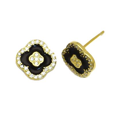 gold plated cubic zirconia black enamel flower stud earrings