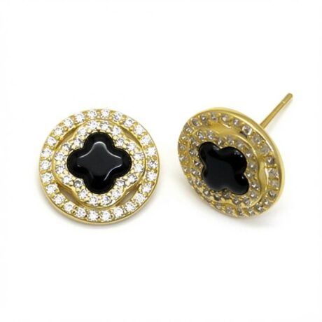 gold plated cubic zirconia black enamel clover stud earrings