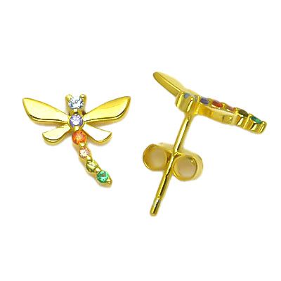 gold plated rainbow cubic zirconia dragonfly stud earrings