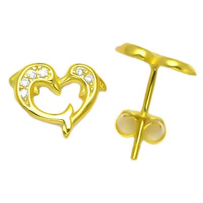 gold plated cubic zirconia dolphin heart stud earrings