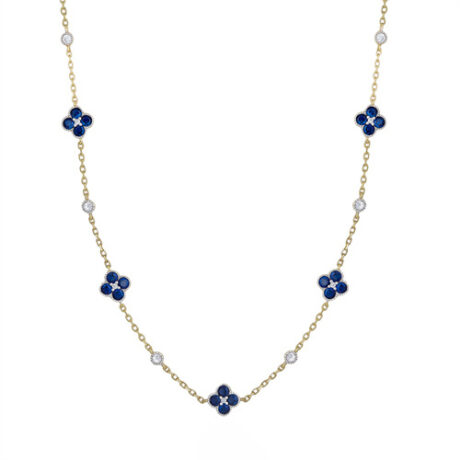 Sterling Silver 14ct Gold Plated CZ Clover Necklace Blue