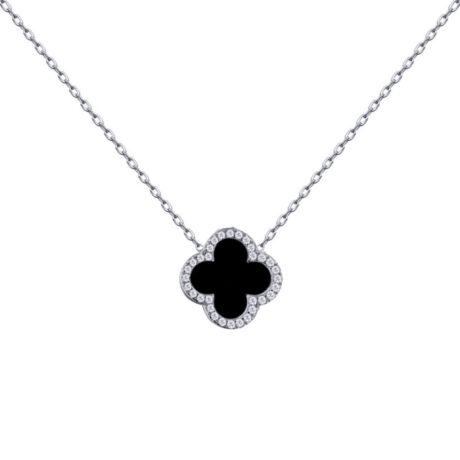 Sterling Silver CZ Single Clover Necklace Black Onyx Colour