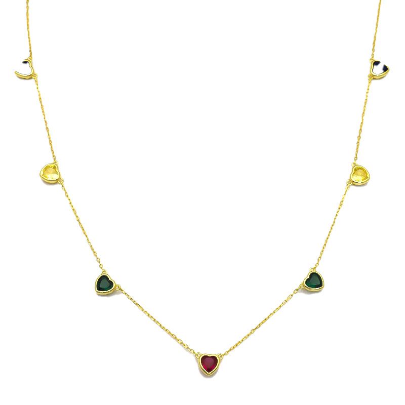 Sterling Silver 14ct Gold Plated Multi Color Heart Station Necklace