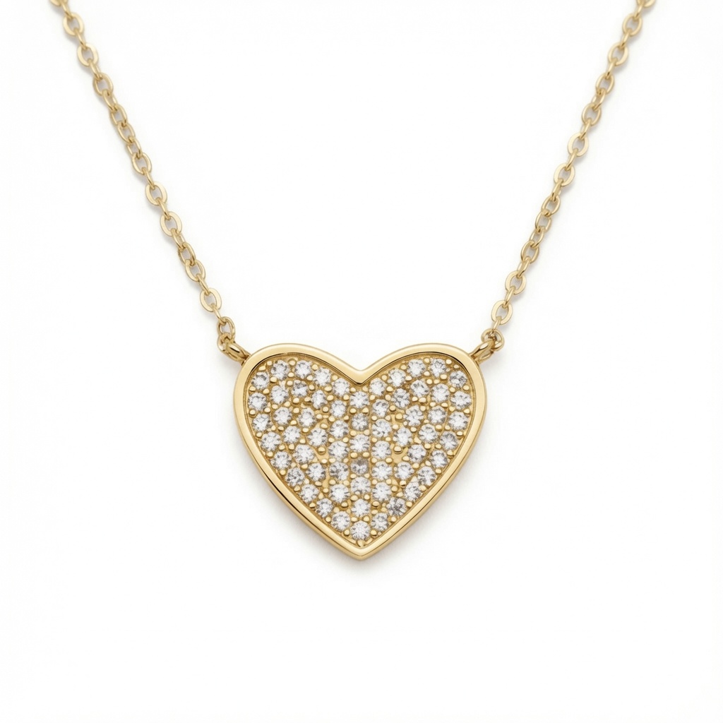 Sterling Silver 14ct Gold Plated CZ Pave Heart Necklace