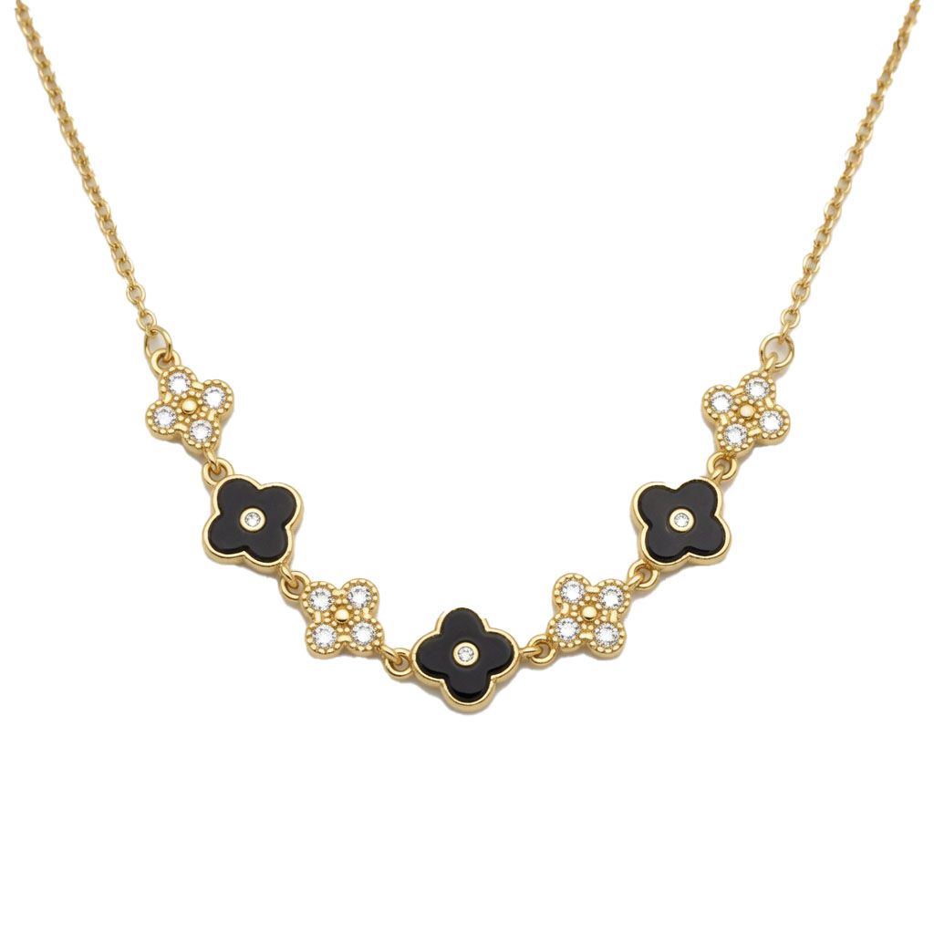 Sterling Silver 14ct Gold Plated CZ Black Enamel Flower Necklace