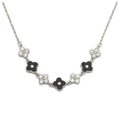 Sterling Silver CZ Black Enamel Flower Necklace