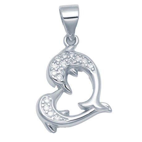 Sterling Silver CZ Dolphin Heart Pendant