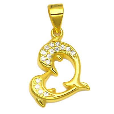 Sterling Silver 14ct Gold Plated CZ Dolphin Heart Pendant