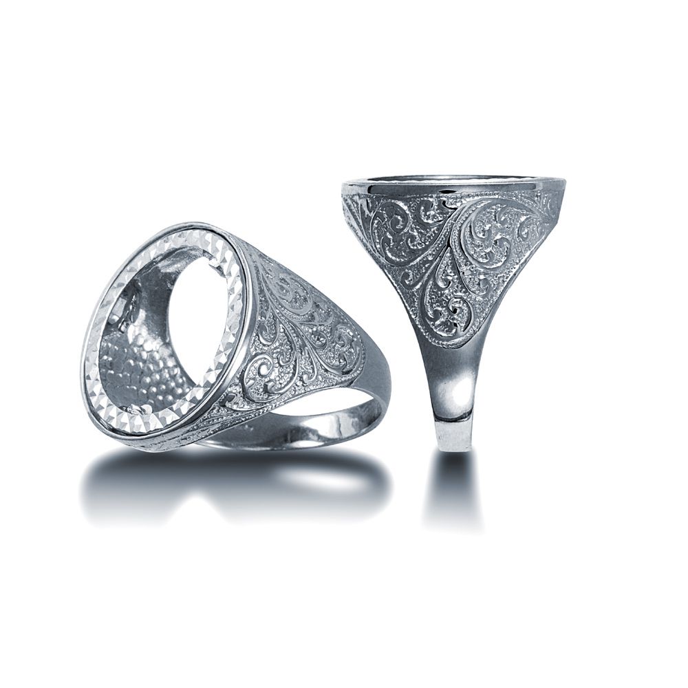 Sterling Silver Sovereign Coin Mount Ring – Carved Shoulders - Image 2