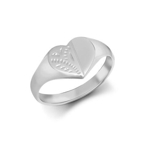 Sterling Silver Heart Shape Half Engraved Signet Ring
