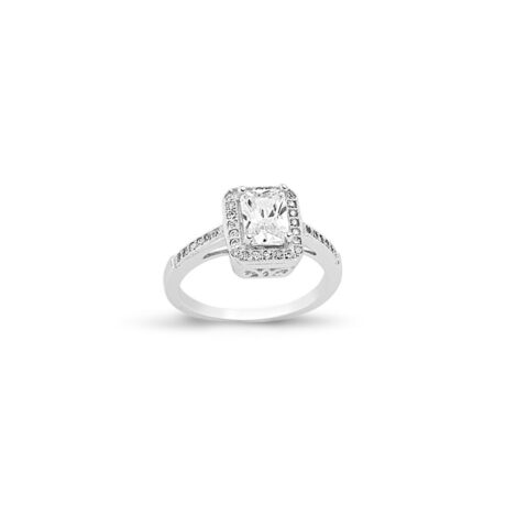 Sterling Silver CZ Emerald Cut Centre Halo Ring