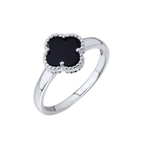 Sterling Silver Rhodium Clover Ring Onyx