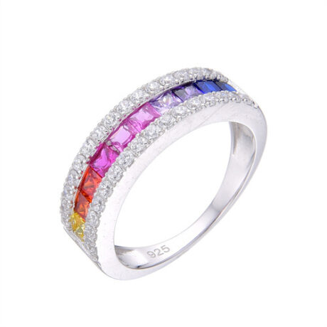 Sterling Silver Rhodium Plated Multi Col CZ Half Eternity Ring