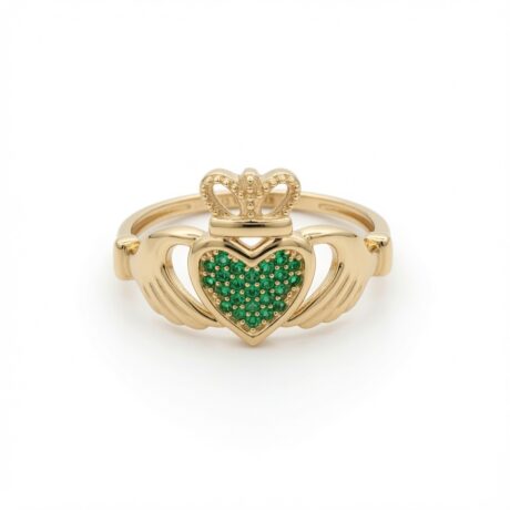 9ct Yellow Gold Green CZ Claddagh Heart Crown Ring